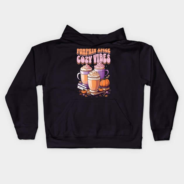 Pumpkin spice cozy vibes coffee and books Kids Hoodie by BrisaArtPrints